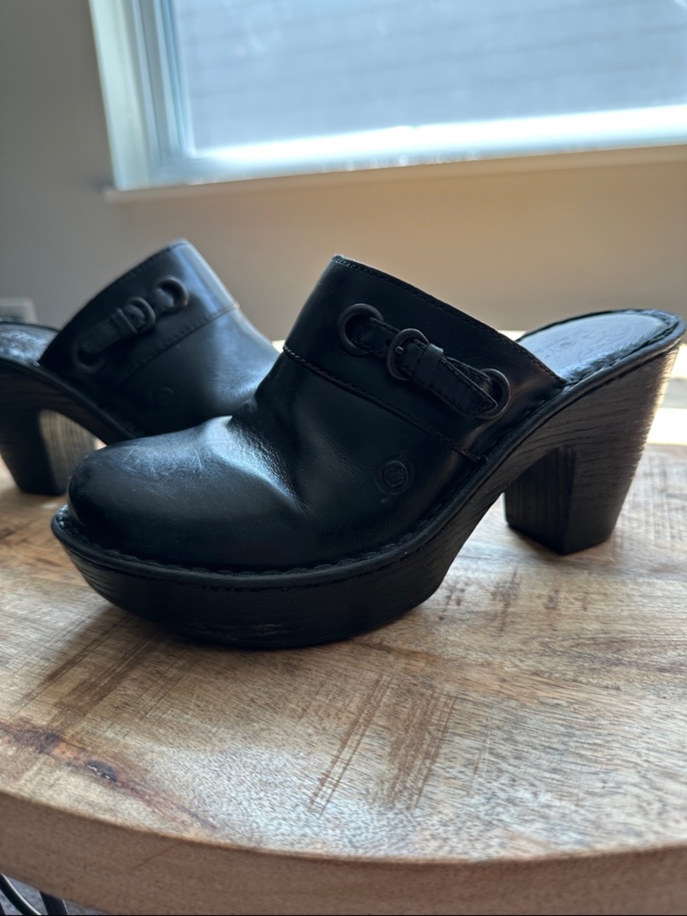 Born Black Leather Platform Mule Clogs with Buckle Straps